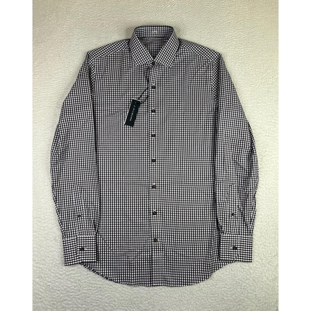J.Hilburn Dress Shirt‎ Mens 16 34/35 Brown Gingham Regular Fit Cotton LS NEW